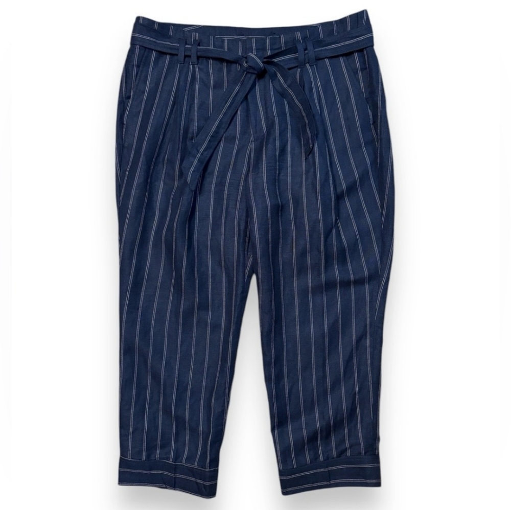 BANANA REPUBLIC Navy Striped Linen Blend Cropped Trousers Paper Bag Waist